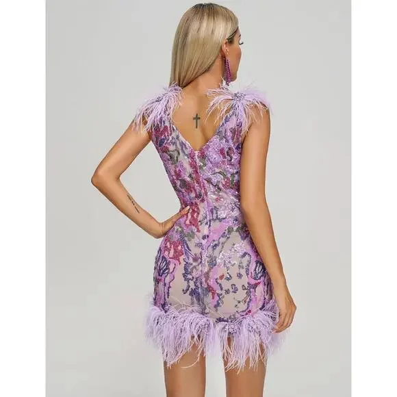 NWT Bella Barnett Loviy Purple Feather Sequin Mini Dress Size XL Cocktail Vegas - Picture 2 of 16